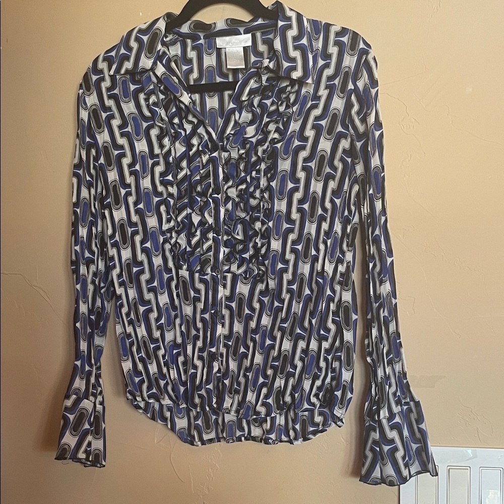 Worthington CHICO Blue & Black Geometric Ruffle Blouse Sz S